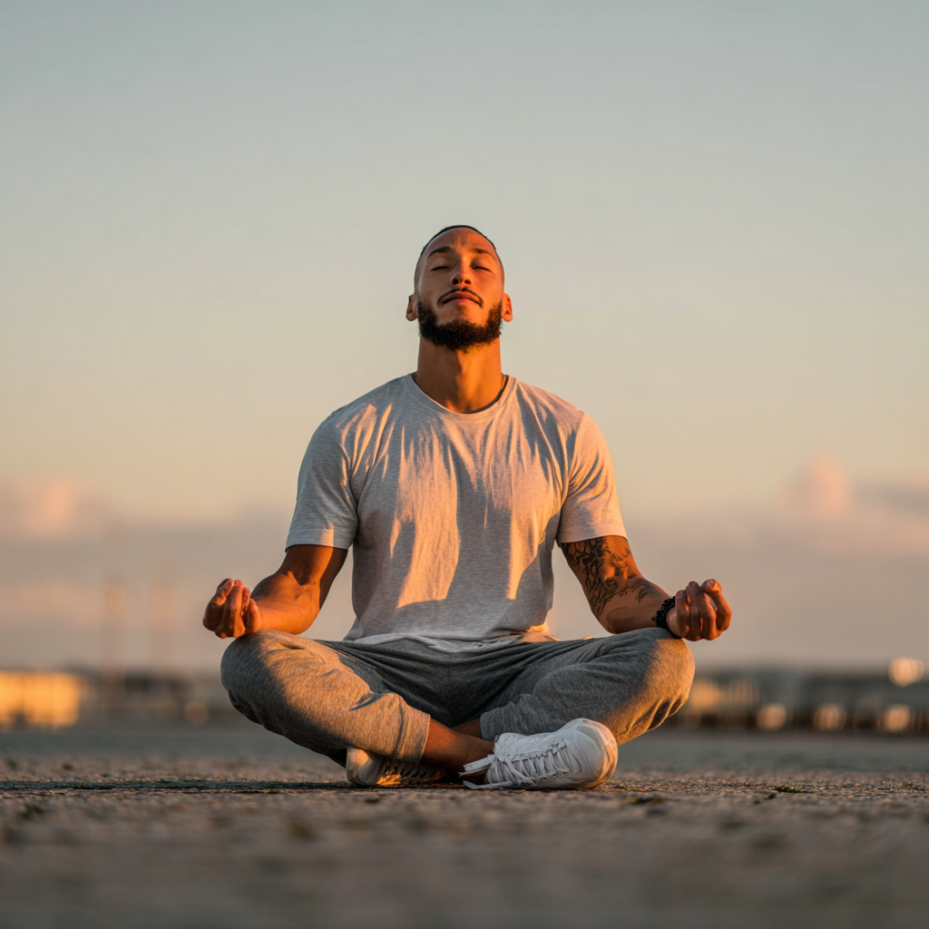 Чоловік у медитації після тренування, демонструє ментальну концентрацію та внутрішню силу